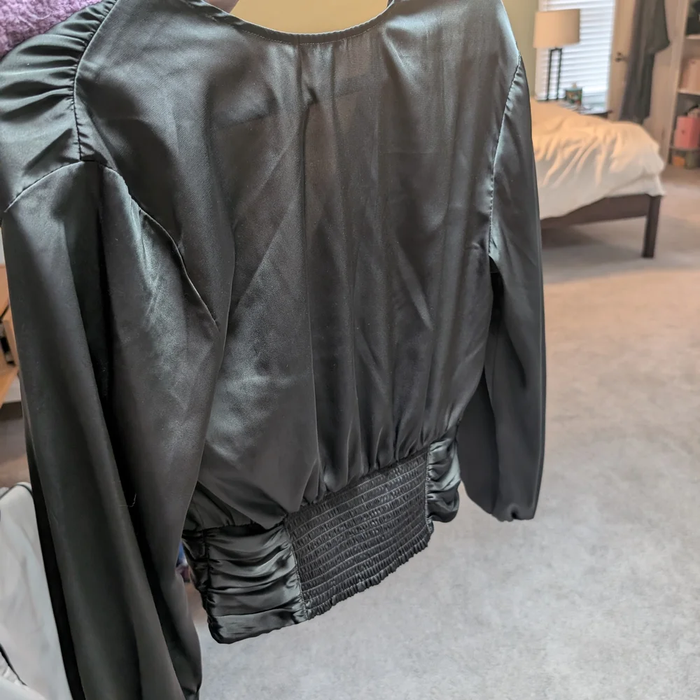 Express Olive Satin Surplice Wrap Blouse - Picture 3 of 3